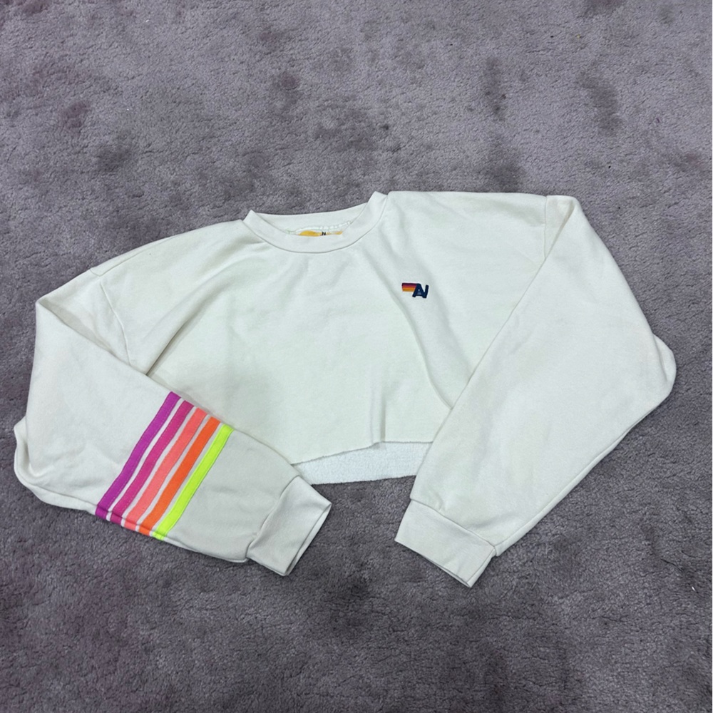 Aviator Nation Vintage White Set Neon 5 Stripe Rugby Sweatshirt and Sweatpants - Picture 4 of 11